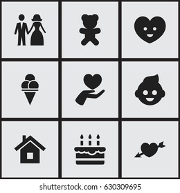 Set Of 9 Editable Relatives Icons. Includes Symbols Such As Soul, Home, Cold Dessert And More. Can Be Used For Web, Mobile, UI And Infographic Design.