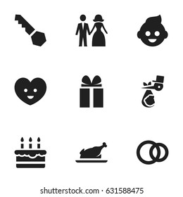 Set Of 9 Editable Relatives Icons. Includes Symbols Such As Lock, Child, Patisserie And More. Can Be Used For Web, Mobile, UI And Infographic Design.