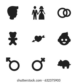 Set Of 9 Editable Relatives Icons. Includes Symbols Such As Boy, Toy, Love And More. Can Be Used For Web, Mobile, UI And Infographic Design.