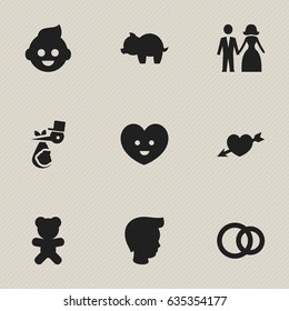 Set Of 9 Editable Relatives Icons. Includes Symbols Such As Love, Child, Baby And More. Can Be Used For Web, Mobile, UI And Infographic Design.