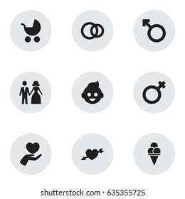 Set Of 9 Editable Relatives Icons. Includes Symbols Such As Heart, Baby, Married And More. Can Be Used For Web, Mobile, UI And Infographic Design.