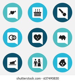 Set Of 9 Editable Relatives Icons. Includes Symbols Such As Married, Lock, Fried Chicken And More. Can Be Used For Web, Mobile, UI And Infographic Design.