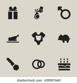 Set Of 9 Editable Relatives Icons. Includes Symbols Such As Child, Moneybox, Fried Chicken And More. Can Be Used For Web, Mobile, UI And Infographic Design.