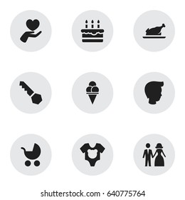Set Of 9 Editable Relatives Icons. Includes Symbols Such As Fried Chicken, Bodysuit, Married And More. Can Be Used For Web, Mobile, UI And Infographic Design.