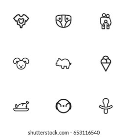 Set Of 9 Editable Relatives Icons. Includes Symbols Such As Dress, Nappy, Sorbet And More. Can Be Used For Web, Mobile, UI And Infographic Design.