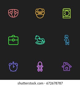 Set Of 9 Editable Relatives Icons. Includes Symbols Such As Home, Infant, Pregnancy And More. Can Be Used For Web, Mobile, UI And Infographic Design.