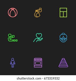 Set Of 9 Editable Relatives Icons. Includes Symbols Such As Tower, Grandma, Balcony. Can Be Used For Web, Mobile, UI And Infographic Design.