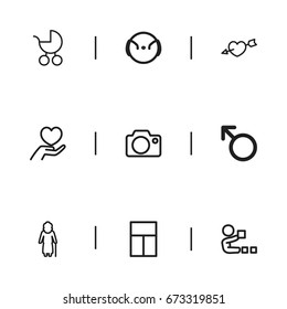 Set Of 9 Editable Relatives Icons. Includes Symbols Such As Carriage, Cat, Balcony And More. Can Be Used For Web, Mobile, UI And Infographic Design.