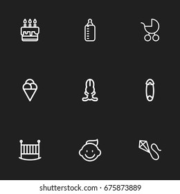 Set Of 9 Editable Relatives Icons. Includes Symbols Such As Milk, Carriage, Baby And More. Can Be Used For Web, Mobile, UI And Infographic Design.