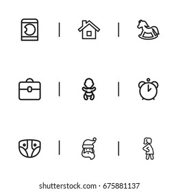 Set Of 9 Editable Relatives Icons. Includes Symbols Such As Father Frost, Nappy, Portfolio And More. Can Be Used For Web, Mobile, UI And Infographic Design.