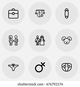 Set Of 9 Editable Relatives Icons. Includes Symbols Such As Underwear, Friends, Baby Mobile And More. Can Be Used For Web, Mobile, UI And Infographic Design.
