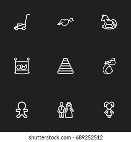 Set Of 9 Editable Relatives Outline Icons. Includes Symbols Such As Married, Boy, Tower And More. Can Be Used For Web, Mobile, UI And Infographic Design.