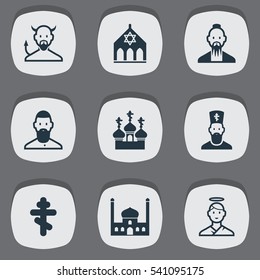 Set Of 9 Editable Religion Icons. Includes Symbols Such As Temple, Orthodox Symbol, Cherub And More. Can Be Used For Web, Mobile, UI And Infographic Design.