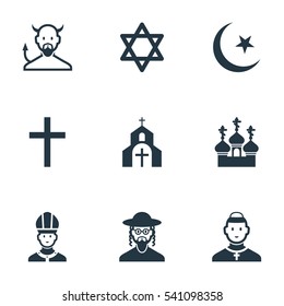 Set Of 9 Editable Religion Icons. Includes Symbols Such As Religious Sewn, Cardinal, Christian And More. Can Be Used For Web, Mobile, UI And Infographic Design.