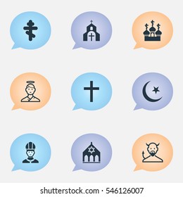 Set Of 9 Editable Religion Icons. Includes Symbols Such As Cherub, Mohammedanism, Temple And More. Can Be Used For Web, Mobile, UI And Infographic Design.