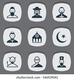 Set Of 9 Editable Religion Icons. Includes Symbols Such As Temple, Chaplain, Mohammedanism And More. Can Be Used For Web, Mobile, UI And Infographic Design.