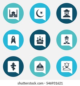 Set Of 9 Editable Religion Icons. Includes Symbols Such As Blessing, Religious Sewn, Temple And More. Can Be Used For Web, Mobile, UI And Infographic Design.