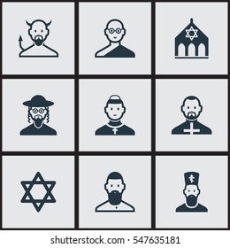 Set Of 9 Editable Religion Icons. Includes Symbols Such As Cardinal, Hebrew, Hexagram And More. Can Be Used For Web, Mobile, UI And Infographic Design.