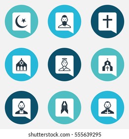 Set Of 9 Editable Religion Icons. Includes Symbols Such As Mohammedanism, Blessing, Temple And More. Can Be Used For Web, Mobile, UI And Infographic Design.