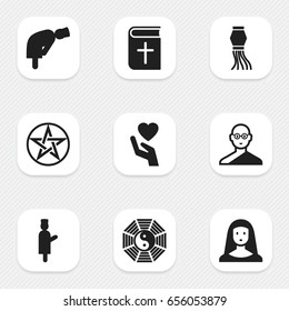 Set Of 9 Editable Religion Icons. Includes Symbols Such As Traditional Lamp, Mullah, Taoism And More. Can Be Used For Web, Mobile, UI And Infographic Design.