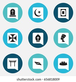 Set Of 9 Editable Religion Icons. Includes Symbols Such As Tombstone, Muslim Carpet, Prayer And More. Can Be Used For Web, Mobile, UI And Infographic Design.
