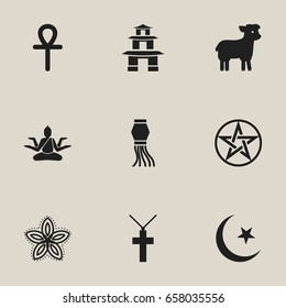 Set Of 9 Editable Religion Icons. Includes Symbols Such As Buddha, Pagoda, Traditional Lamp And More. Can Be Used For Web, Mobile, UI And Infographic Design.