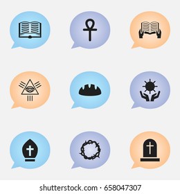 Set Of 9 Editable Religion Icons. Includes Symbols Such As Baguette, Tombstone, Christ Wreath And More. Can Be Used For Web, Mobile, UI And Infographic Design.