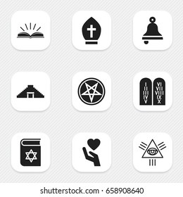 Set Of 9 Editable Religion Icons. Includes Symbols Such As Bible, Ancient Stone Text, Save Love And More. Can Be Used For Web, Mobile, UI And Infographic Design.