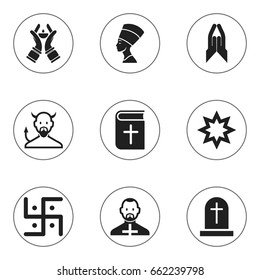 Set Of 9 Editable Religion Icons. Includes Symbols Such As Blessing, Asterisk, Satan And More. Can Be Used For Web, Mobile, UI And Infographic Design.