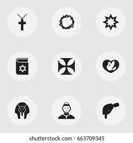 Set Of 9 Editable Religion Icons. Includes Symbols Such As Christ Wreath, Sarcophagus, Asterisk And More. Can Be Used For Web, Mobile, UI And Infographic Design.