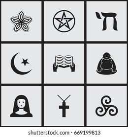 Set Of 9 Editable Religion Icons. Includes Symbols Such As Feng ShUI, Indian Flower, Pentagram And More. Can Be Used For Web, Mobile, UI And Infographic Design.