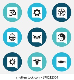 Set Of 9 Editable Religion Icons. Includes Symbols Such As Enchanter Stick, Asterisk, Ornamented Egg And More. Can Be Used For Web, Mobile, UI And Infographic Design.