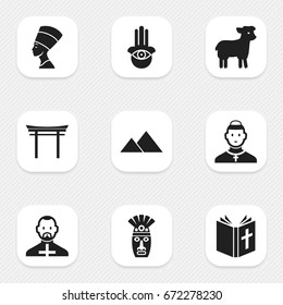 Set Of 9 Editable Religion Icons. Includes Symbols Such As Pope, Cleopatra, Shaman And More. Can Be Used For Web, Mobile, UI And Infographic Design.