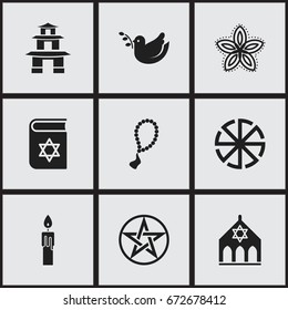 Set Of 9 Editable Religion Icons. Includes Symbols Such As Pagoda, Fire Wax, Pentagram And More. Can Be Used For Web, Mobile, UI And Infographic Design.