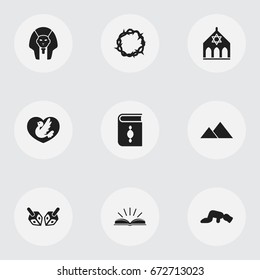 Set Of 9 Editable Religion Icons. Includes Symbols Such As Sarcophagus, Scripture, Giza And More. Can Be Used For Web, Mobile, UI And Infographic Design.