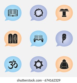 Set Of 9 Editable Religion Icons. Includes Symbols Such As Orator Tribune, Feng ShUI, Hexagram And More. Can Be Used For Web, Mobile, UI And Infographic Design.