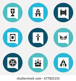 Set Of 9 Editable Religion Icons. Includes Symbols Such As Religious Sewn, Church, Baphomet Symbol And More. Can Be Used For Web, Mobile, UI And Infographic Design.