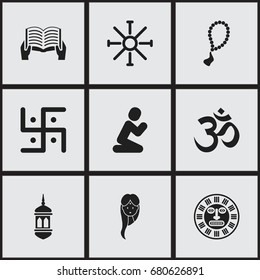 Set Of 9 Editable Religion Icons. Includes Symbols Such As Religious Sign, Tribal Mask, Rosary And More. Can Be Used For Web, Mobile, UI And Infographic Design.