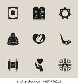 Set Of 9 Editable Religion Icons. Includes Symbols Such As Ancient Stone Text, David Star, Tusk And More. Can Be Used For Web, Mobile, UI And Infographic Design.