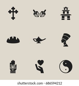 Set Of 9 Editable Religion Icons. Includes Symbols Such As Pagoda, Cleopatra, Baguette And More. Can Be Used For Web, Mobile, UI And Infographic Design.