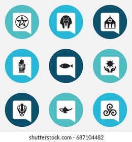 Set Of 9 Editable Religion Icons. Includes Symbols Such As Mandala, Fish, Temple. Can Be Used For Web, Mobile, UI And Infographic Design.
