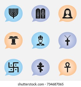 Set Of 9 Editable Religion Icons. Includes Symbols Such As Orthodox Symbol, Christian, Christian Cross And More. Can Be Used For Web, Mobile, UI And Infographic Design.