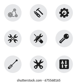 Set Of 9 Editable Repair Icons. Includes Symbols Such As Screwdriver, Equalizer, Cambelt And More. Can Be Used For Web, Mobile, UI And Infographic Design.