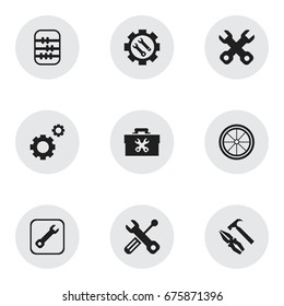 Set Of 9 Editable Repair Icons. Includes Symbols Such As Settings, Pliers Hammer, Build Equipment And More. Can Be Used For Web, Mobile, UI And Infographic Design.