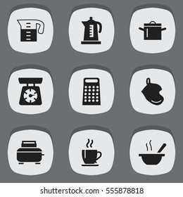 Set Of 9 Editable Restaurant Icons. Includes Symbols Such As Toaster, Water Jug, Potholder And More. Can Be Used For Web, Mobile, UI And Infographic Design.