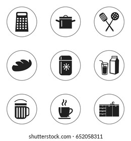 Set Of 9 Editable Restaurant Icons. Includes Symbols Such As Coffee, Fridge, Pan And More. Can Be Used For Web, Mobile, UI And Infographic Design.