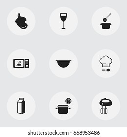 Set Of 9 Editable Restaurant Icons. Includes Symbols Such As Goblet, Microwave, Whisk And More. Can Be Used For Web, Mobile, UI And Infographic Design.