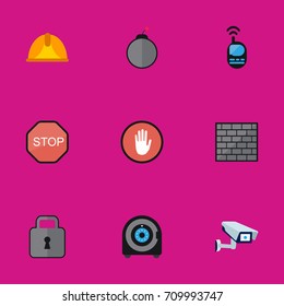 Set Of 9 Editable Safety Flat Icons. Includes Symbols Such As Dynamite, Barrier, Caution And More. Can Be Used For Web, Mobile, UI And Infographic Design.