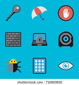 Set Of 9 Editable Safety Flat Icons. Includes Symbols Such As Look, Virus, Stop And More. Can Be Used For Web, Mobile, UI And Infographic Design.