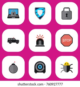 Set Of 9 Editable Safety Flat Icons. Includes Symbols Such As Alarm, Close, Dynamite And More. Can Be Used For Web, Mobile, UI And Infographic Design.